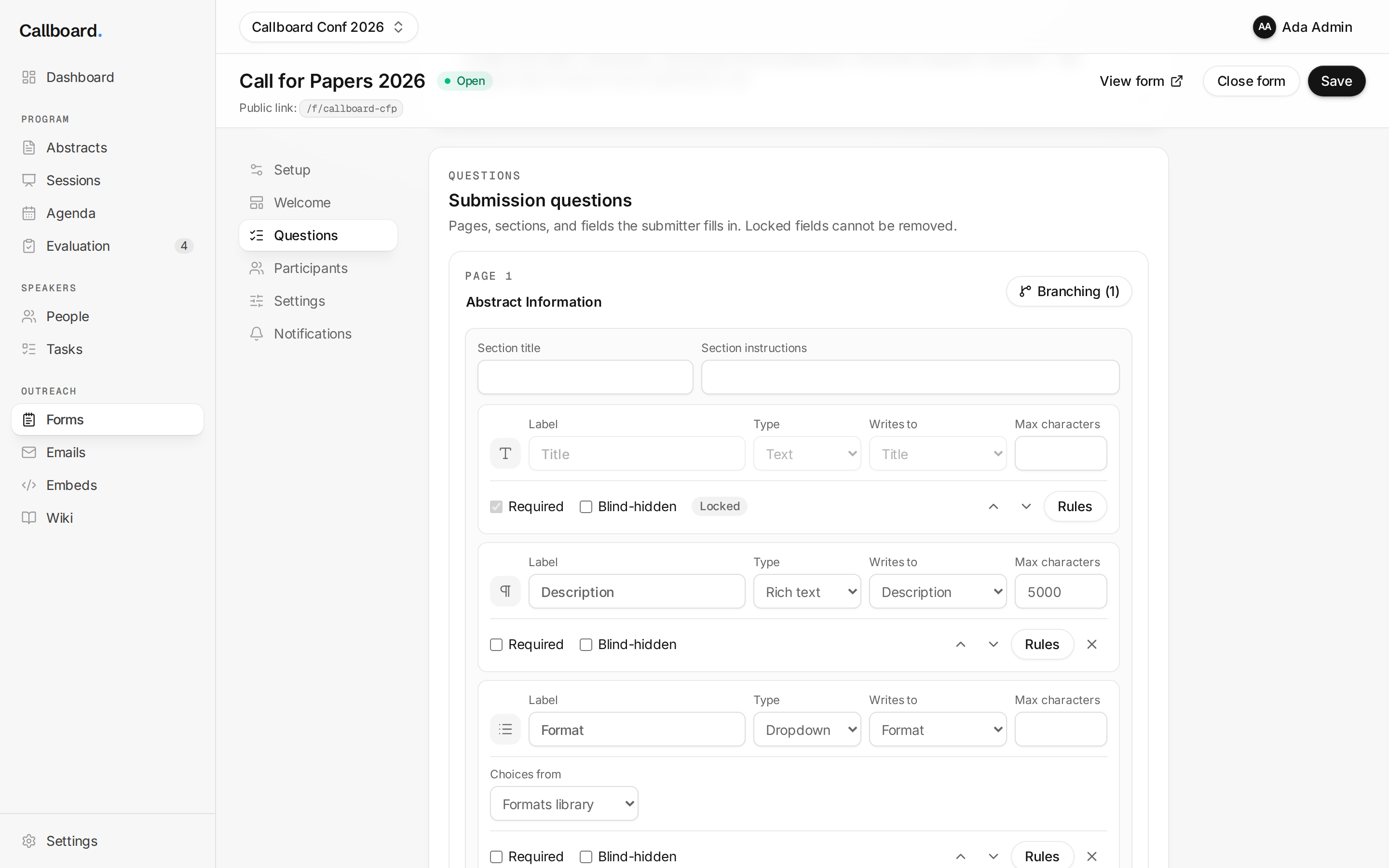 Current builder — questions section with dense field cards