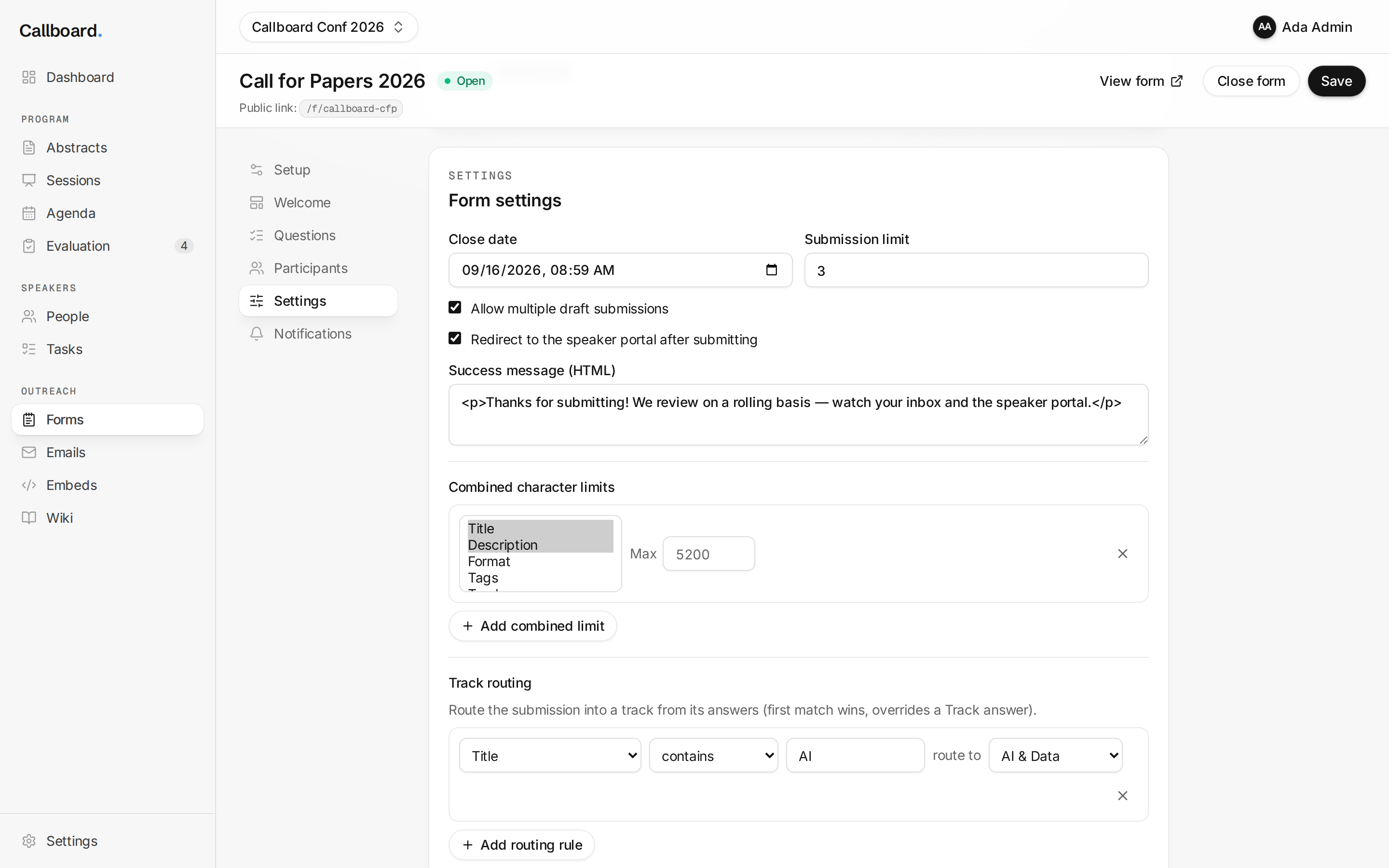 Current builder — settings section