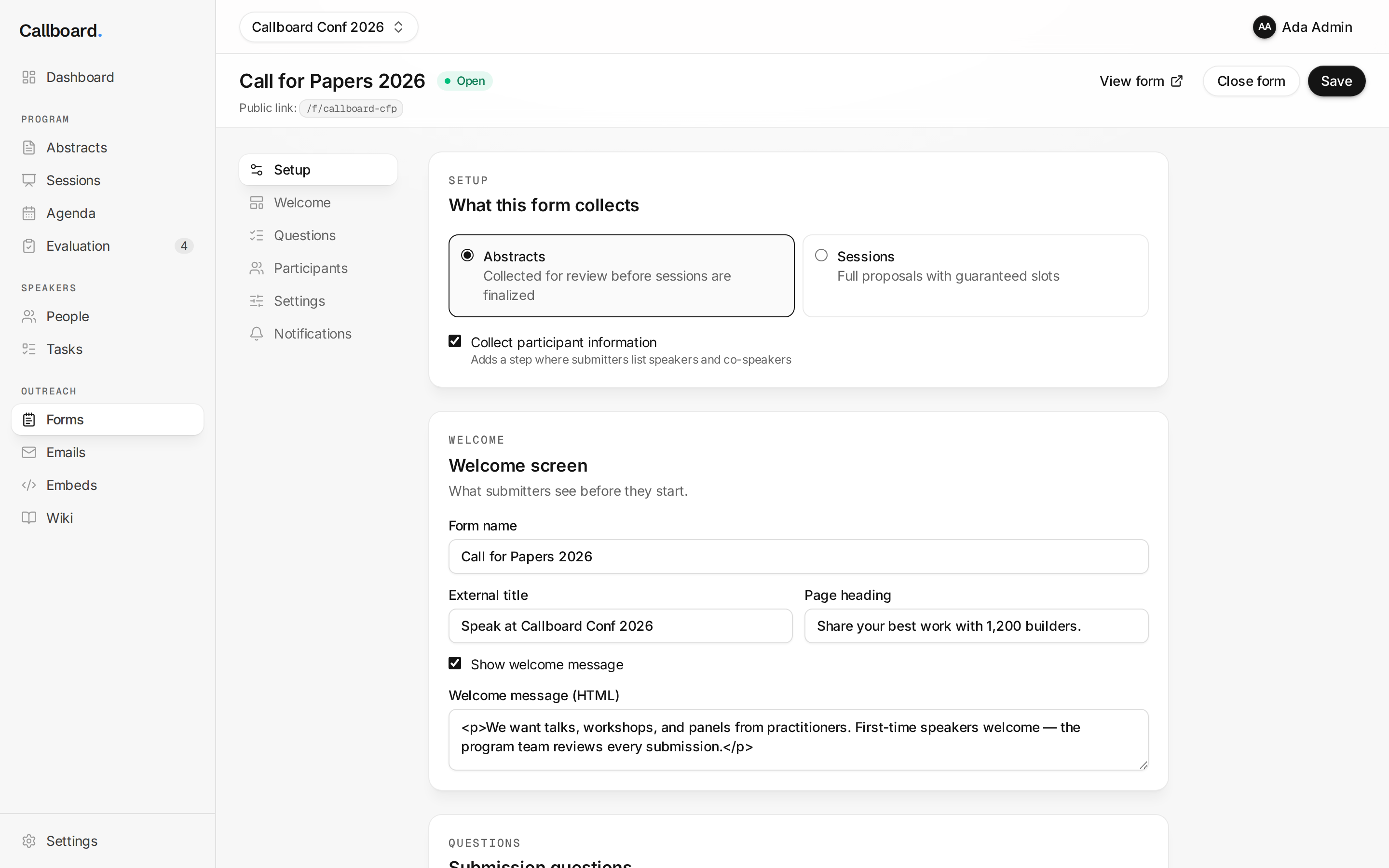 Current builder — setup and welcome sections